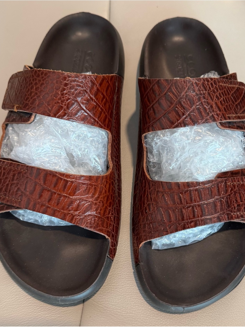 Ecco Women's Brown Croc-Texture Double Strap Sandals. US size 8 Euro size 38.